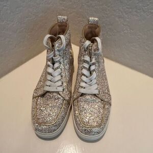 Christian Louboutin Women's Size 40.5 High Rise Glitter Sneakers Gold Metallic